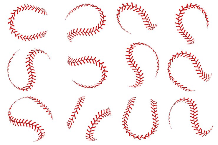 Vector honkbal kant. realistische softbalballen met rode draden steken grafische elementen, sferische slaglijnen lederen sportuitrusting, vector geïsoleerde set