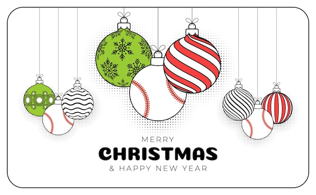 Honkbal kerst wenskaart in trendy lijnstijl prettige kerstdagen en gelukkig Nieuwjaar overzicht cartoon sport banner honkbal als een xmas bal op witte achtergrond vectorillustratie