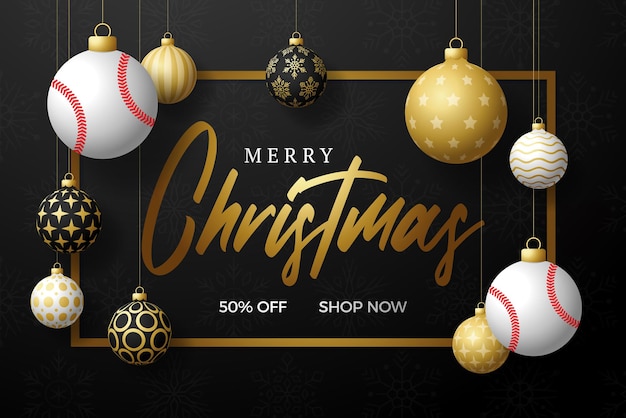 Honkbal kerstkaart. Merry Christmas sport wenskaart. Hang aan een draadhonkbal als een kerstbal en een gouden kerstbal op een zwarte horizontale achtergrond. Sport vectorillustratie.