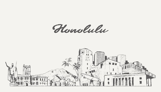 Skyline della contea di honolulu, hawaii, usa, illustrazione vettoriale disegnata a mano, schizzo