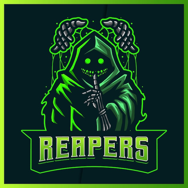 Hood Puppet Reaper 글로우 그린 컬러 esport 및 스포츠 마스코트 로고 디자인