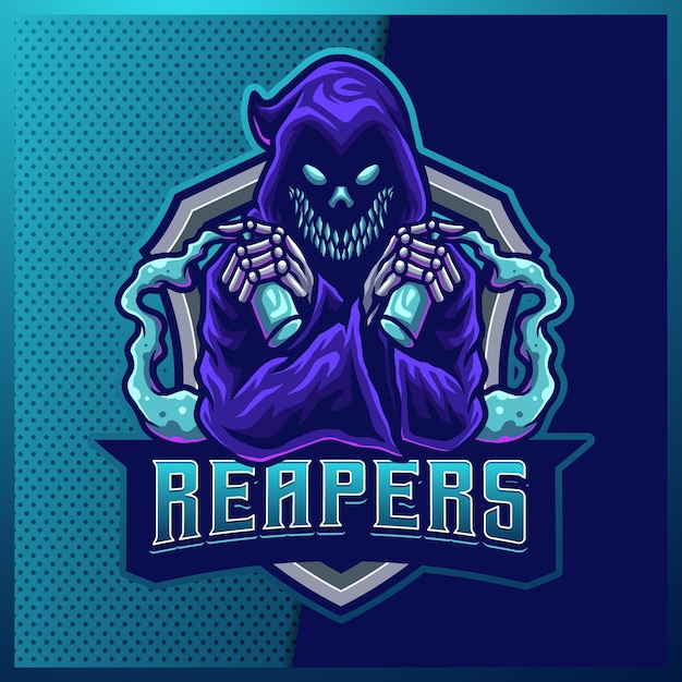 Hood reaper bagliore di colore esport e design del logo mascotte sportiva con illustrazione moderna. illustrazione del male