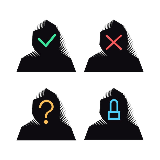 Hooded avatars protected and hacked with a tick and a cross hacked unknown blocked isolated