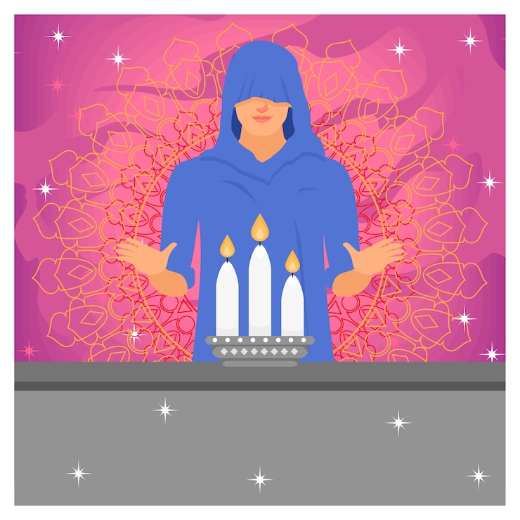Vector a hooded male monk stands near burning candles performing a mysterious religious ritual