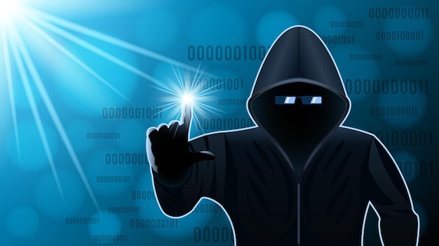 hooded man hacker binary code background