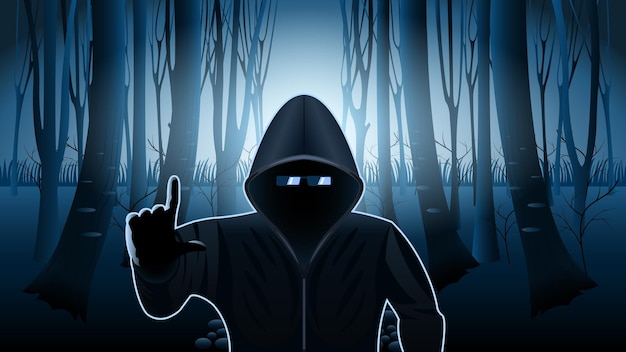 Vector hooded man in mysterious forest