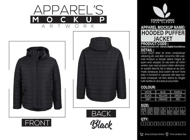 Hooded Puffer Jacket Black Apparel Mockup Artwork Design