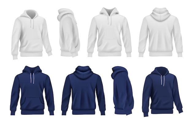 Hoodie-collectie. Zwart-wit sport vrijetijdskleding voor mannen fatsoenlijke vector realistische mockup. Hoody kleding mode, sweatshirt textiel illustratie