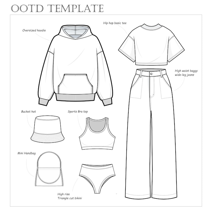 Vector hoodie een chique casual look ootd-sjabloon technische mode-illustratie hoodie jeans cropped t-shirt