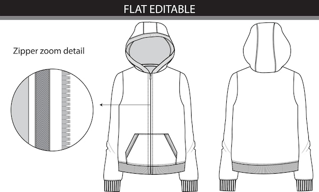 Vector hoodie flat sketch with zoom zipper vector file
