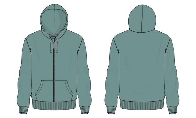 Hoodie met lange mouwen Technische mode platte schets vector illustratie groene kleur sjabloon