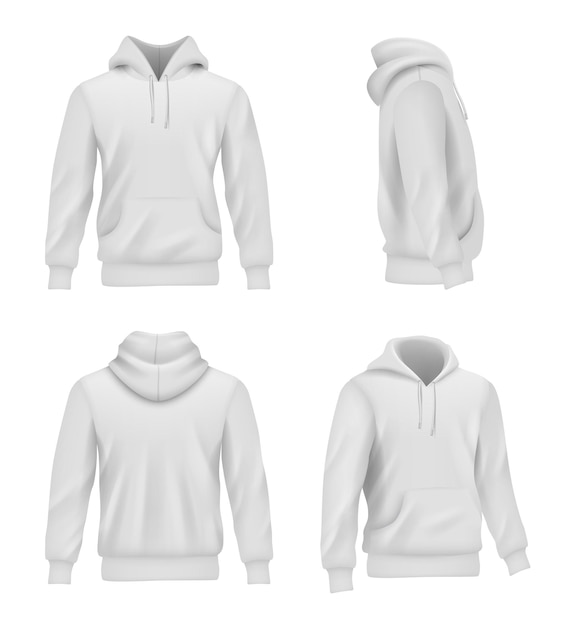 Hoodie realistic. Fashion sport clothes for man sweater casual white shirt decent vector pictures set. Illustration casual hoodie and sleeve