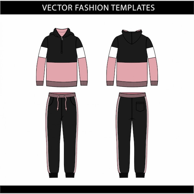 hoodie and sweat pants fashion flat sketch template, jogging outfit front and back, sport wear outfit