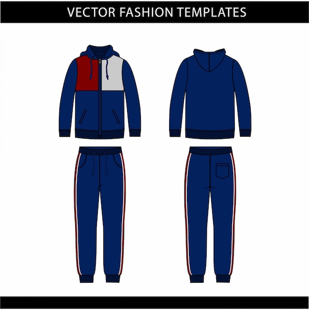 Hoodie and sweat pants fashion flat sketch template, jogging outfit front and back, sport wear outfit