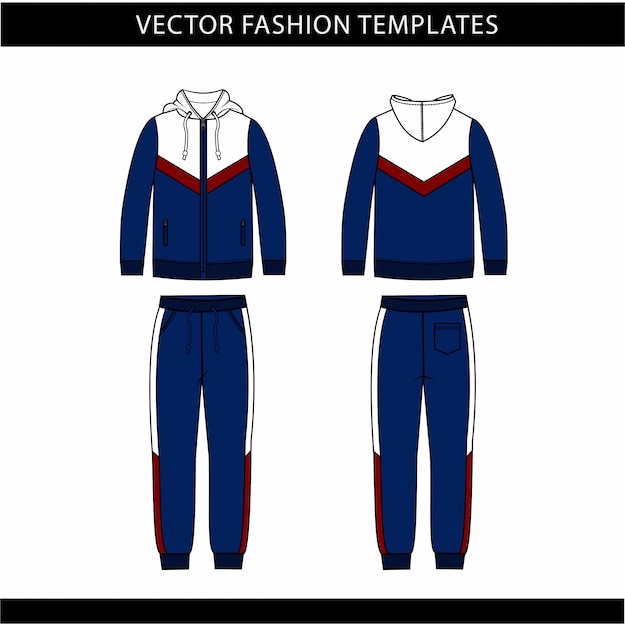 hoodie and sweat pants fashion flat sketch template, jogging outfit front and back, sport wear outfit