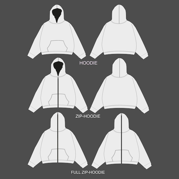 Вектор Толстовка с капюшоном плоский технический рисунок шаблон макета иллюстрации full zip up hoodie