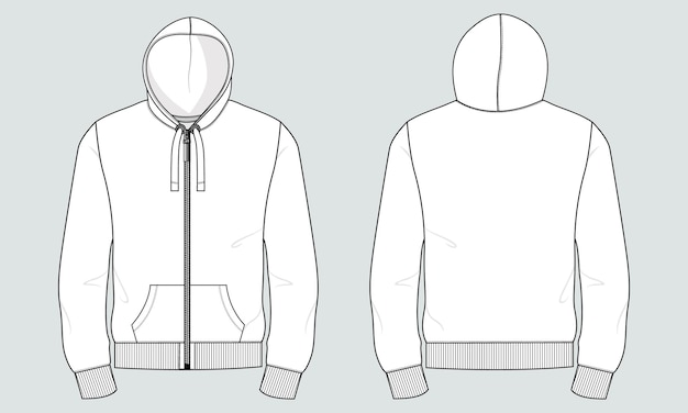 Hoodie technische mode platte schets vector illustratie sjabloon voor- en achterkant weergaven