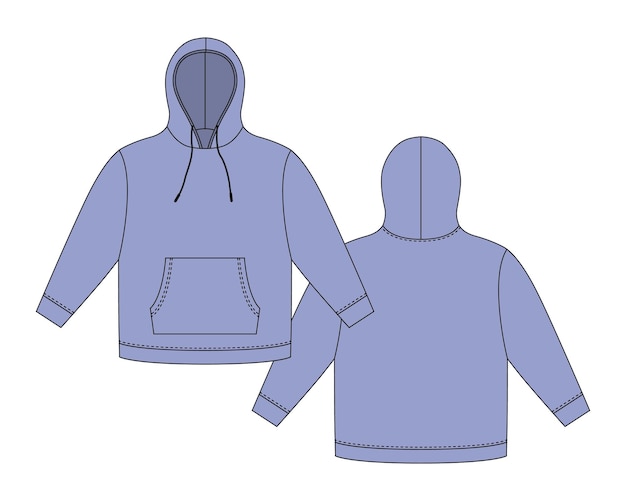 Hoodie template in cool blue color apparel hoody technical sketch mockup