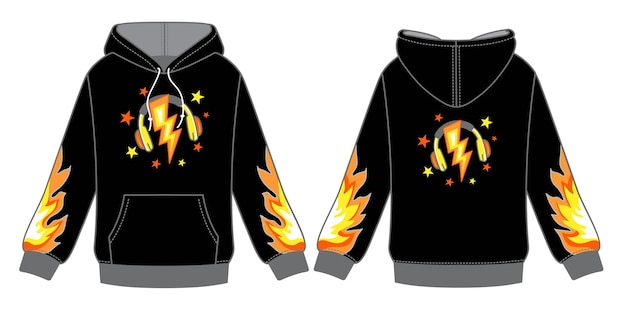 Hoodies with Character Streetwear Design of a black sweatshirt with a hood a flame pattern