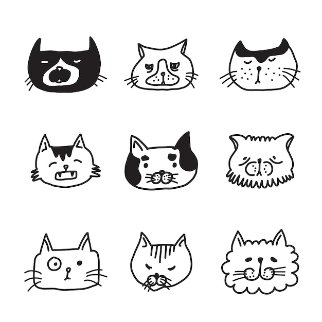 Vector hoofd katten doodle set