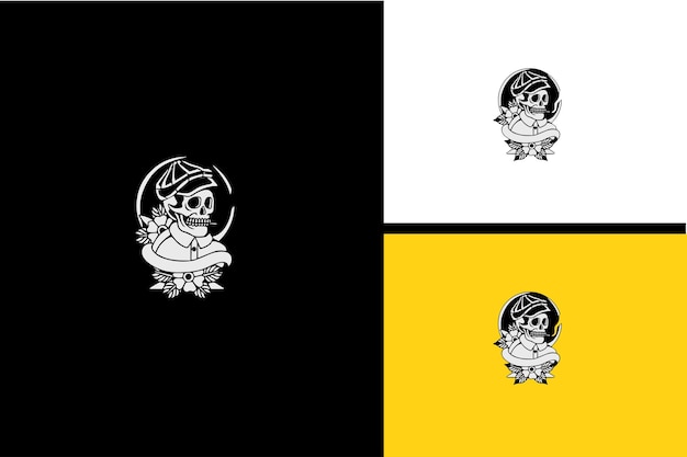 Hoofd schedel en bloemen logo vector zwart-wit