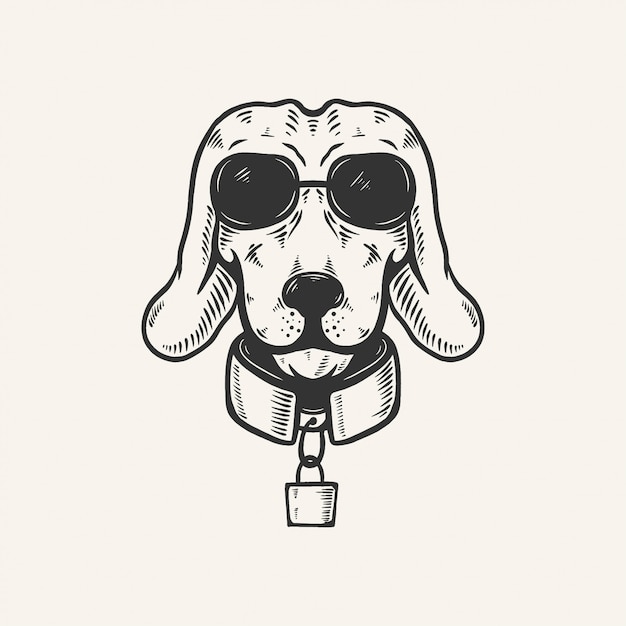 Hoofd van de hond met zonnebril vintage retro illustratie