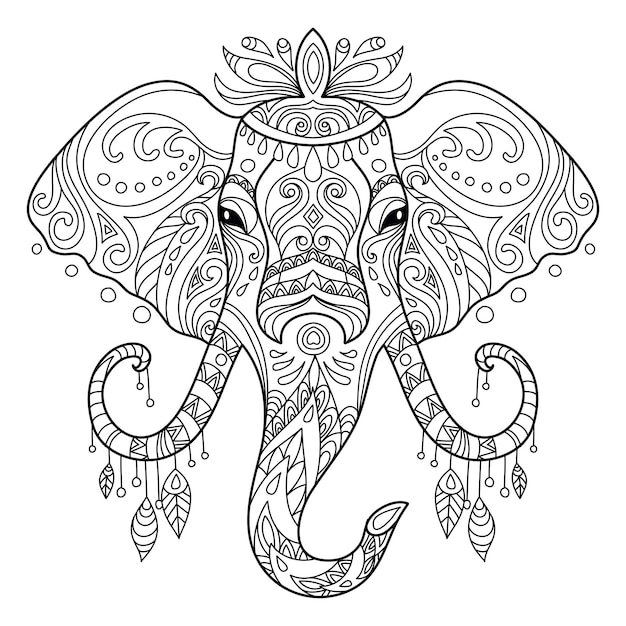 Hoofd van olifant volwassen anti-stress kleurboekpagina. vector illustratie.