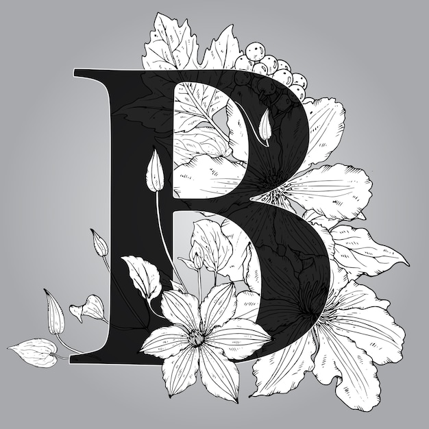 Hoofdletter "B", bloemenmonogram met hand getrokken clematisbloemen.