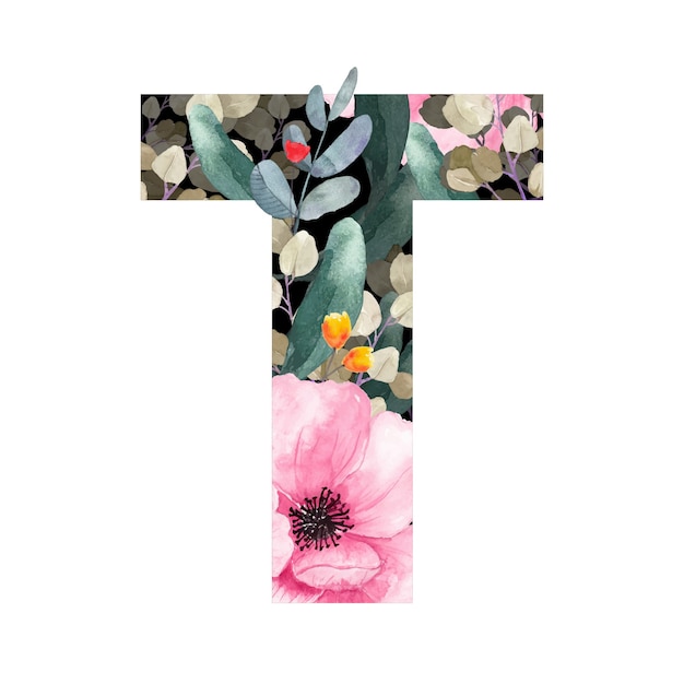 Hoofdletter T floral stijl met bloemen en bladeren van planten