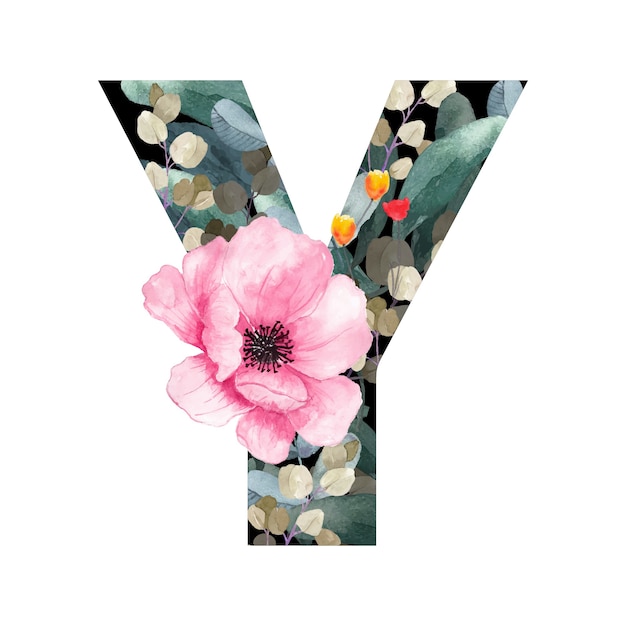 Vector hoofdletter y floral stijl met bloemen en bladeren van planten