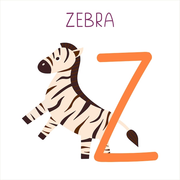 Vector hoofdletter z van engels kinderachtig alfabet met zebra cute kids lettertype voor kleuterschool en schoolonderwijs