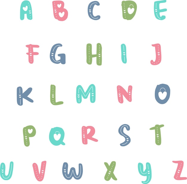 Hoofdletters met liefdesdecoratie. Cartoon alfabet. ABC. Grappig handgetekend grafisch lettertype.