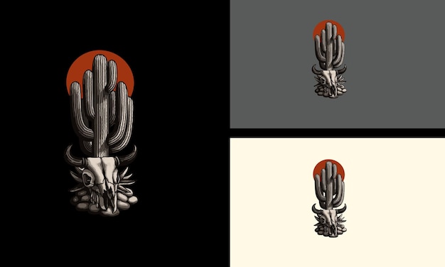 Hoofdschedel koe en cactus vector mascotte ontwerp