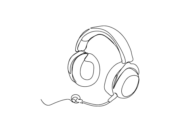 hoofdtelefoon, oortelefoon, hoofdtelefoon, enkellijnige kunsttekening zet lijn vectorillustratie voort