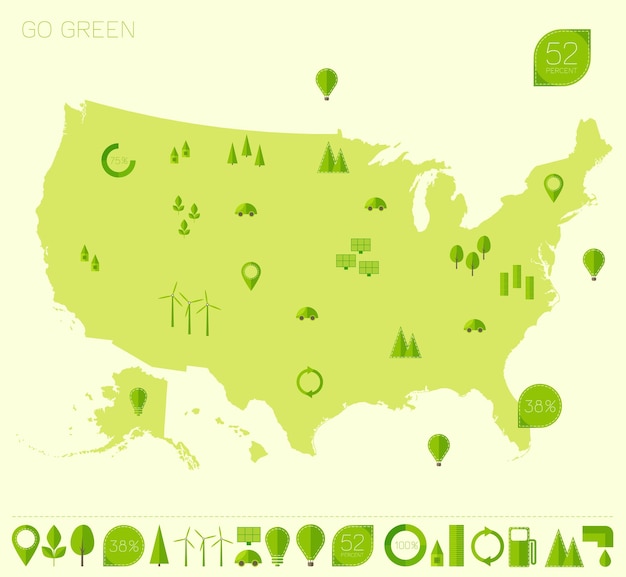 Hoog gedetailleerde kaart van de Verenigde Staten met een set info graphics ecologie (eco) elementen en pictogrammen