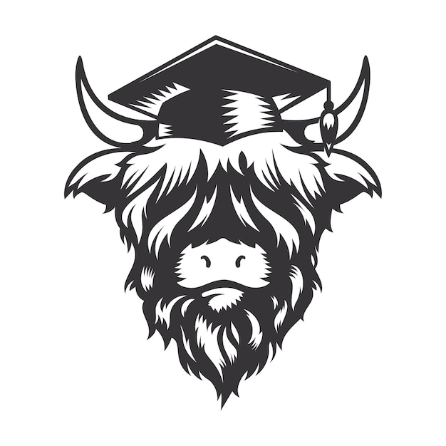 Hooglandkoe Afstuderen hoofdontwerp met afstudeerhoed Farm Animal Cows-logo's of pictogrammen vectorillustratie