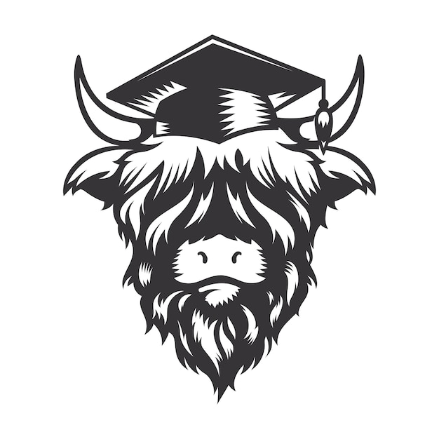 Hooglandkoe afstuderen hoofdontwerp met afstudeerhoed farm animal cows-logo's of pictogrammen vectorillustratie