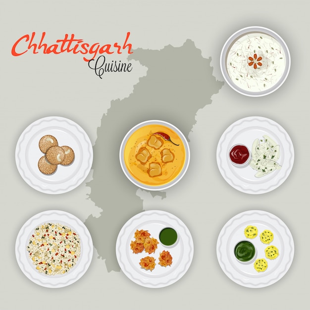 Hoogste mening van chhattisgarh-cuisines op de achtergrond van de staatskaart.