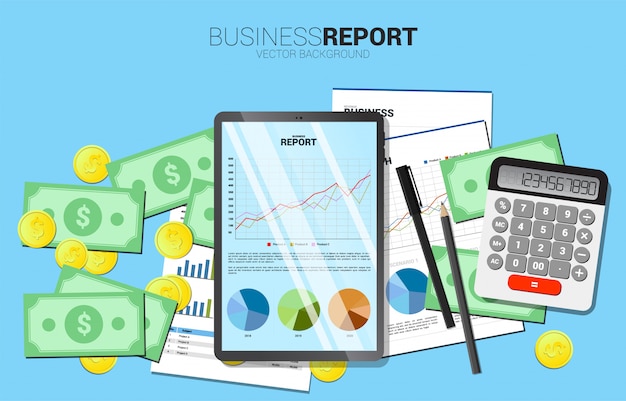 Hoogste van de bedrijfs lijstlijst rapport van de grafiek in tablet met document en calculator en geld. concept voor digitale bedrijfsgroei en trendrapport