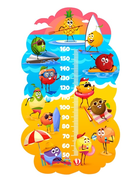 Hoogtemeter voor kinderen cartoon fruit op strand vector groeimeter kinderen meter schaal liniaal met ananas op surfplank watermeloen op scooter kiwi en citroen appel en pruim perzik sinaasappel en granaat