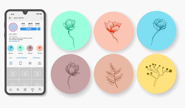 Vector hoogtepunten van instagram handgetekende bloemenverhalen.