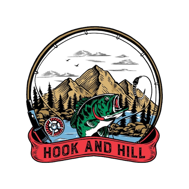 Vettore logo hook and hill vintage mountain fishing logo illustrazione vettoriale