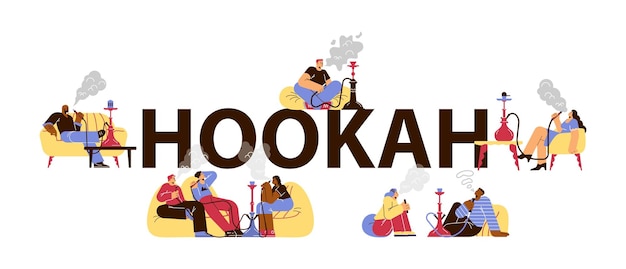 Vector hookah banner template with hookah pipe and people characters flat vector