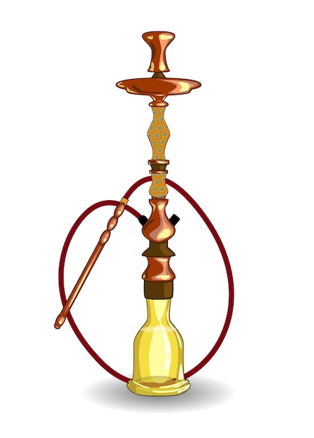 The hookah is bronze with a yellow glass dome Stylish detailed hookah vector illustration on a white background Tobacco smoking smoke inhalation design for bar or menu decoration