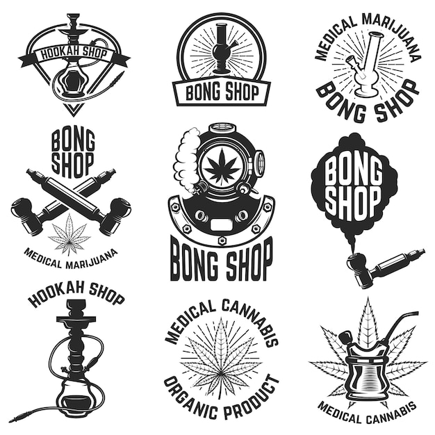 Hookah shop. bong shop. cannabis. images for logo, label, emblem, sign, poster.  illustration.