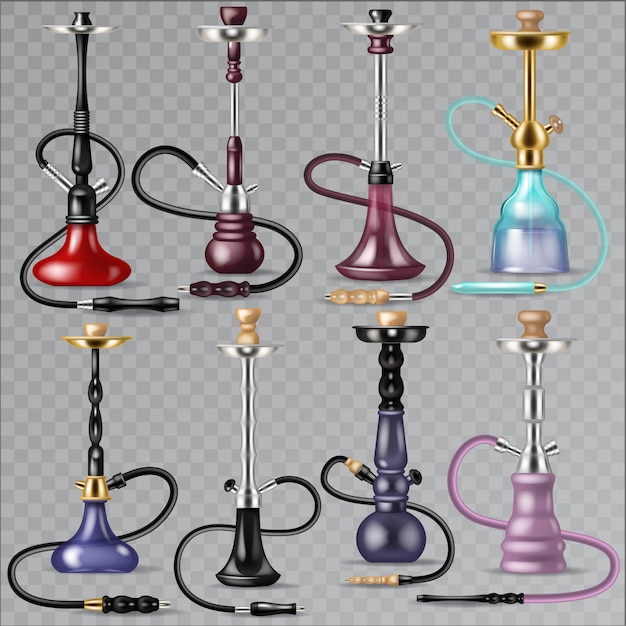 Vector hookah tobacco hooka smoke pipe arabic shisha and smoking hubble-bubble illustration set of turkish aroma tube object for relaxation isolated on transparent background