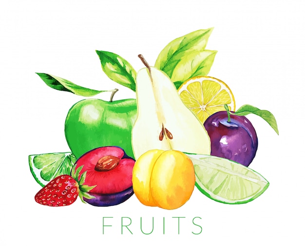 Hoop van gemengd fruit, met de hand getekende aquarel illustratie