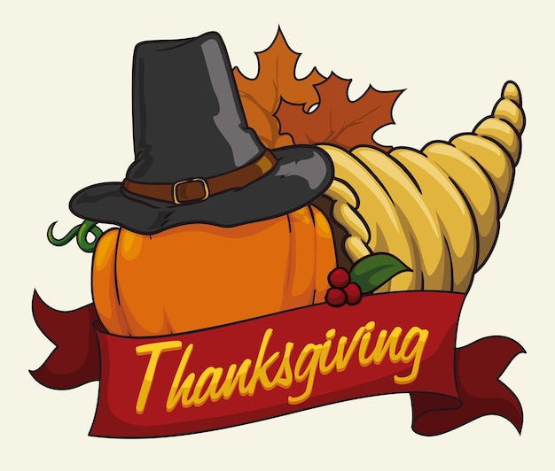 Hoorn des overvloeds met pompoen en pelgrimshoed met Thanksgiving-bericht in rood lint