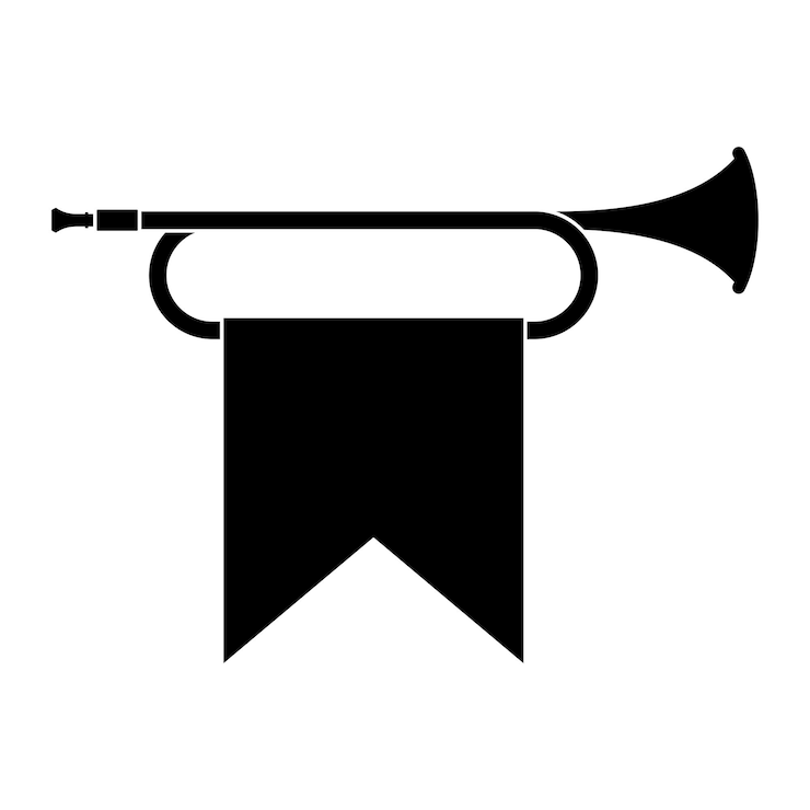 Vector hoorn trompet pictogram muziekinstrument geïsoleerd op witte achtergrond koninklijke fanfare met triomfantelijke vlag voor muziek afspelen vectorillustratie
