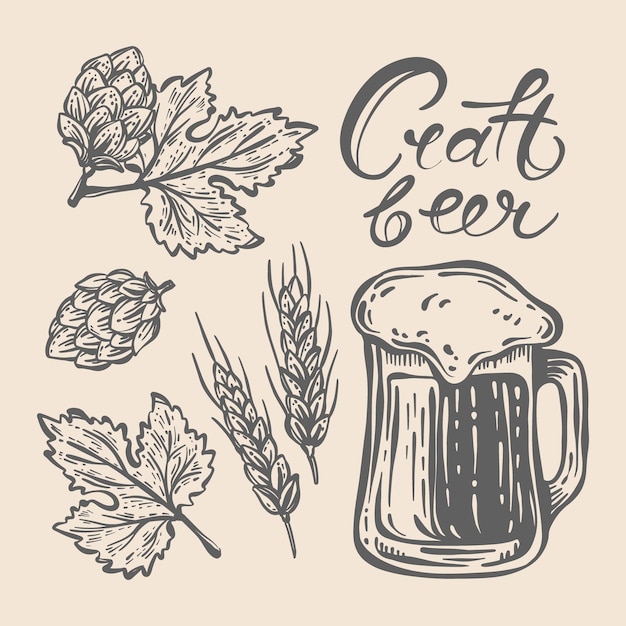 HOP EN BIER Craft Drink Monochrome Vector Illustratie Set